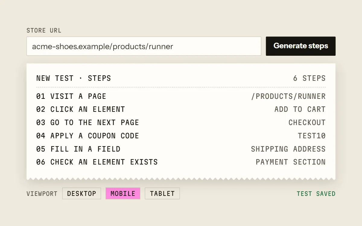 A store URL is entered and Generate steps is pressed. Six steps print on a receipt: visit a page, click Add to cart, go to the next page, apply a coupon code, fill in the shipping address, and check that the payment section exists. Mobile is chosen as the viewport and the test is saved.