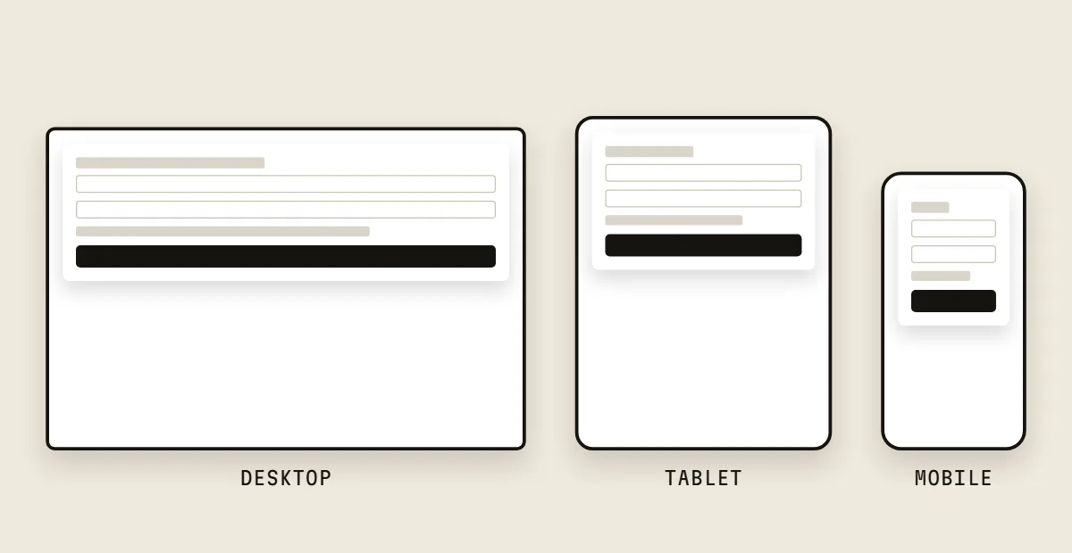 The same checkout page on a desktop, a tablet and a phone screen.